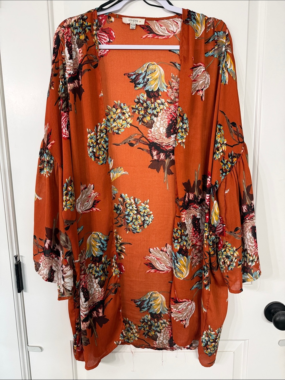 Umgee Rust Floral 3/4 Length Bell Sleeve Open-Front Kimono